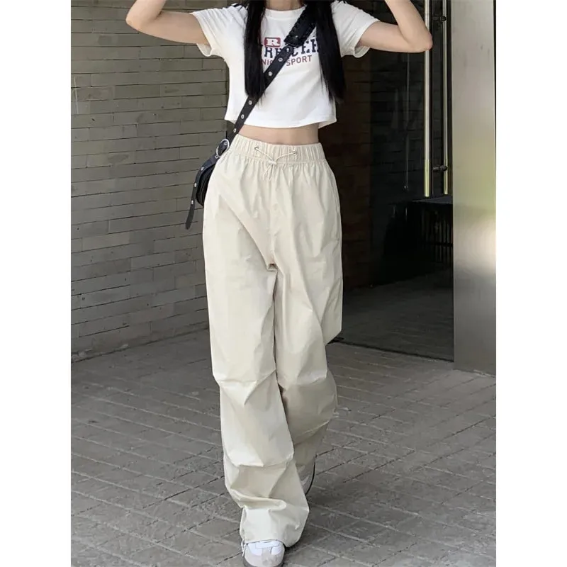 Bonnyshow American Vintage Women Loose Cargo Pants Summer Fashion Elastic High Waist Drawstring Solid Thin Casual Straight Sports Trousers