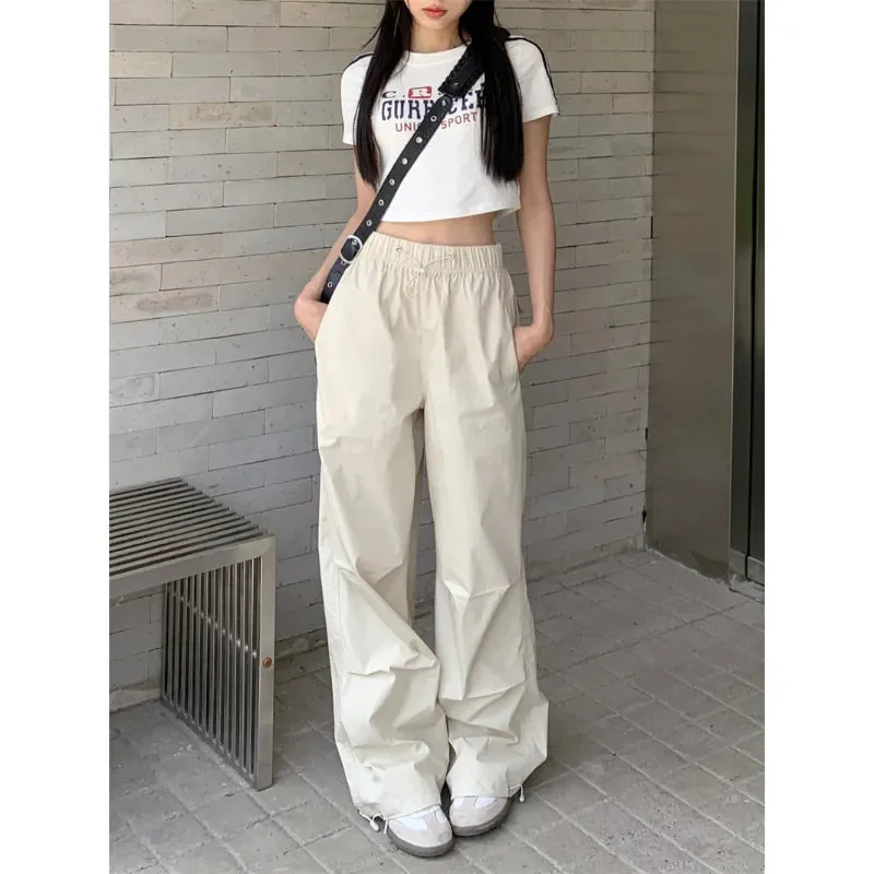 Bonnyshow American Vintage Women Loose Cargo Pants Summer Fashion Elastic High Waist Drawstring Solid Thin Casual Straight Sports Trousers