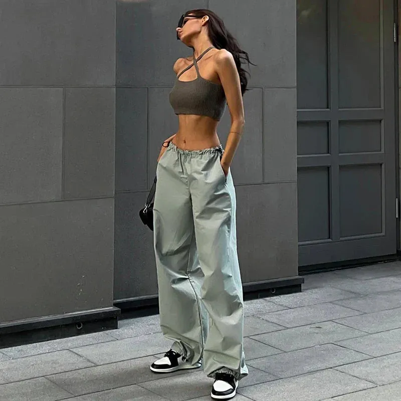 Bonnyshow Solid Casual Oversized Cargo Pants Women Hipster Drawstring Loose Harajuku Vintage Trousers Streetwear Female Bottoms