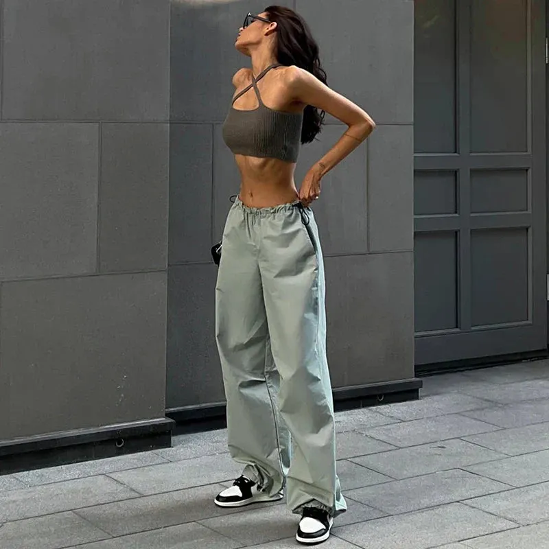 Bonnyshow Solid Casual Oversized Cargo Pants Women Hipster Drawstring Loose Harajuku Vintage Trousers Streetwear Female Bottoms