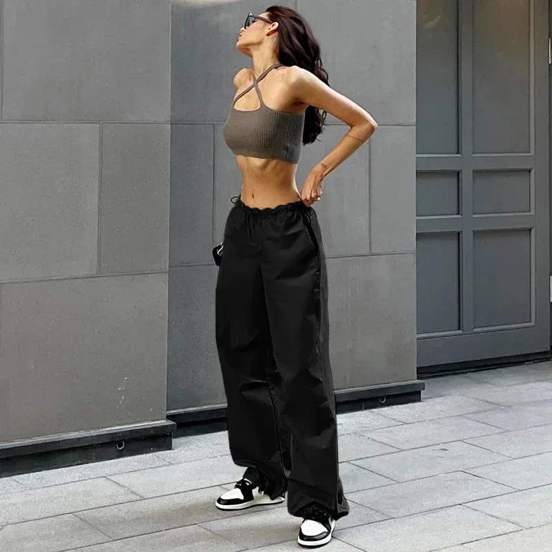 Bonnyshow Solid Casual Oversized Cargo Pants Women Hipster Drawstring Loose Harajuku Vintage Trousers Streetwear Female Bottoms