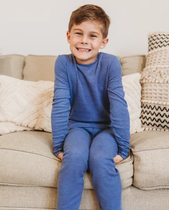 Boys Soft & Cozy Thermal 2-Piece Long Johns | Bright Light Blue w- Orange Stitch