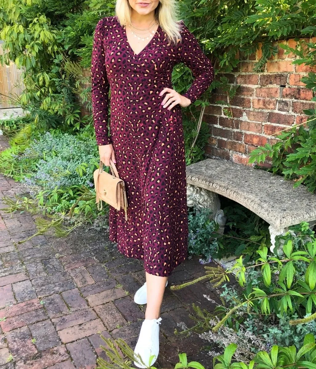 Burgundy Leopard Print Jersey Wrap Dress