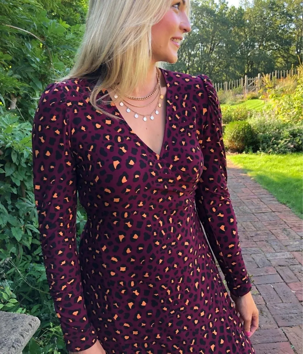 Burgundy Leopard Print Jersey Wrap Dress