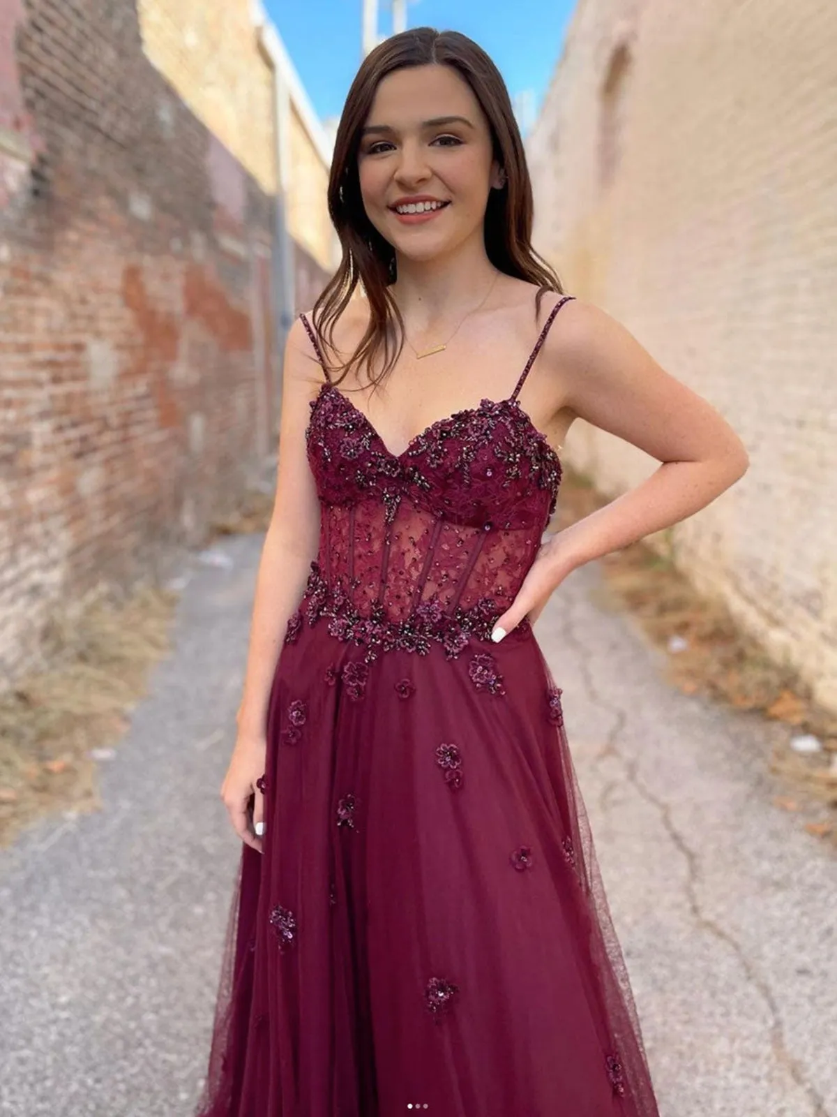 Burgundy Tulle A Line Lace Beaded Long Prom Dresses, Beaded Burgundy Formal Graduation Evening Dresses