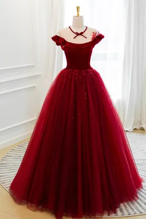 Burgundy Velvet Tulle Floor Length Prom Dress, Lovely Evening Party Dress