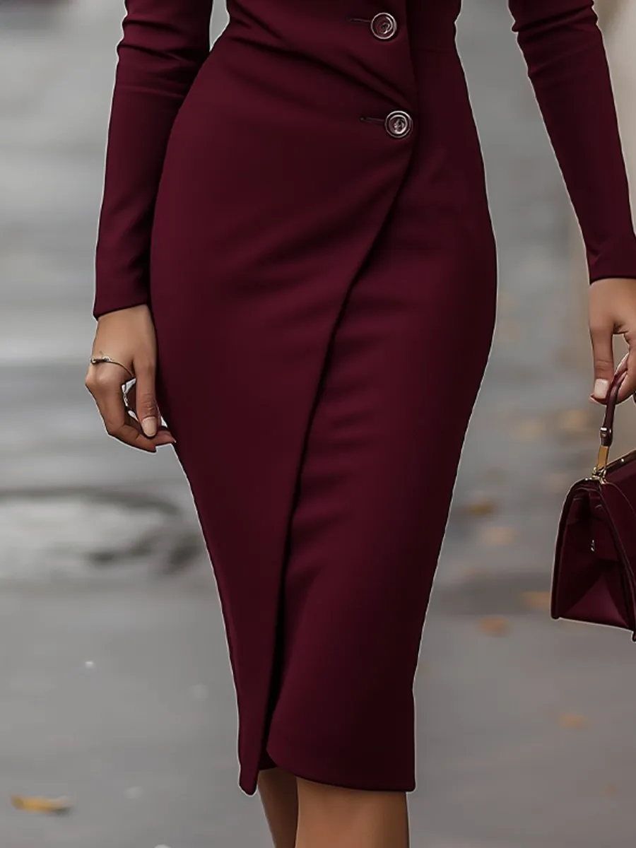 Burgundy Wrap-Style Buttoned Midi Dress