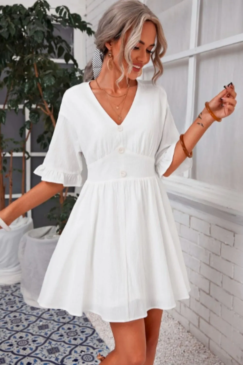 Buttoned Front Frill Trim Cuff Dress