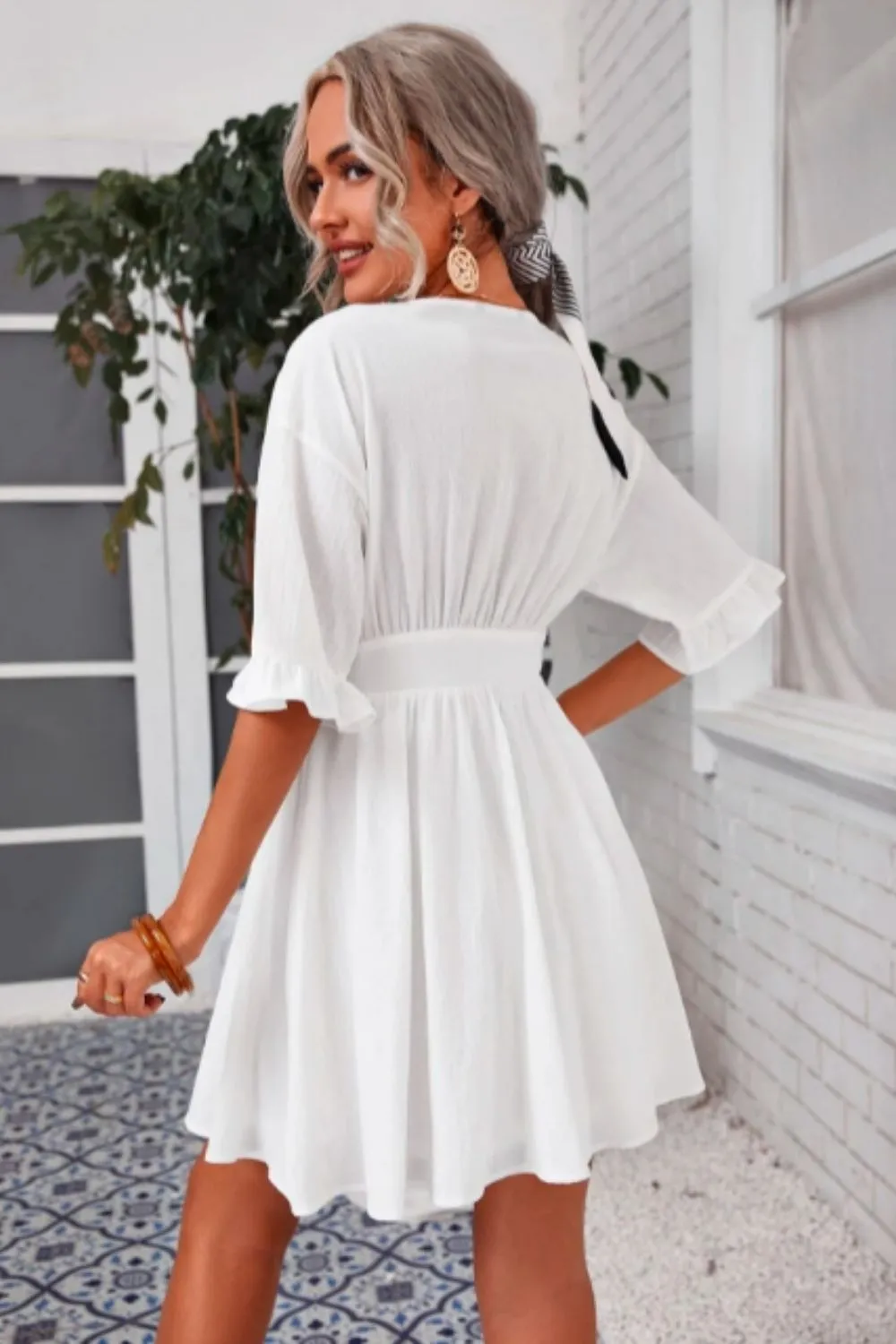 Buttoned Front Frill Trim Cuff Dress