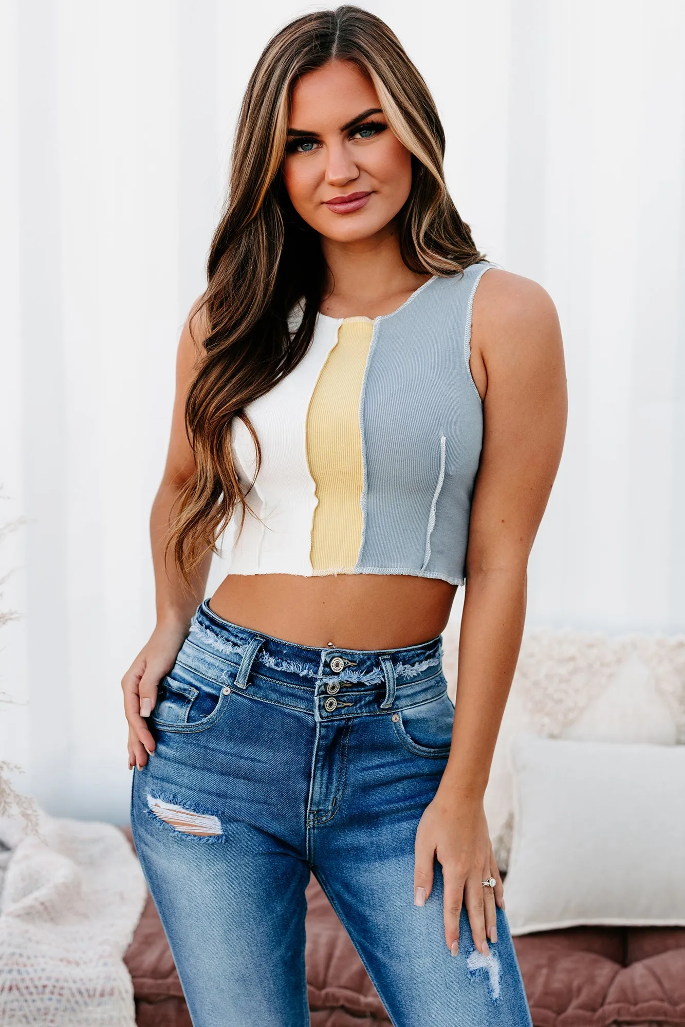 Can You Imagine Color Block Crop Tank Top (Blue)