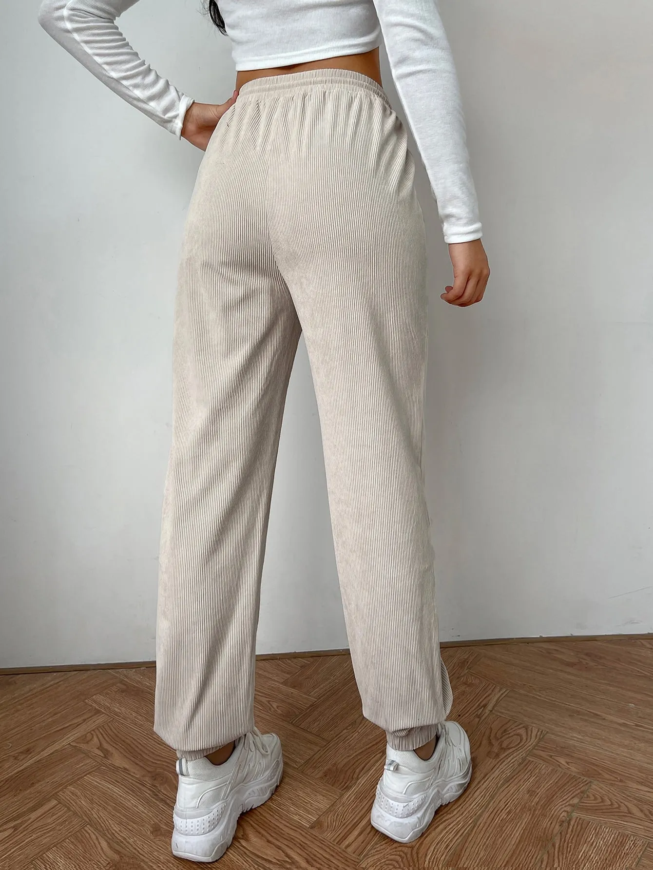 Casual Plain Drawstring High Waist Long Women Pants