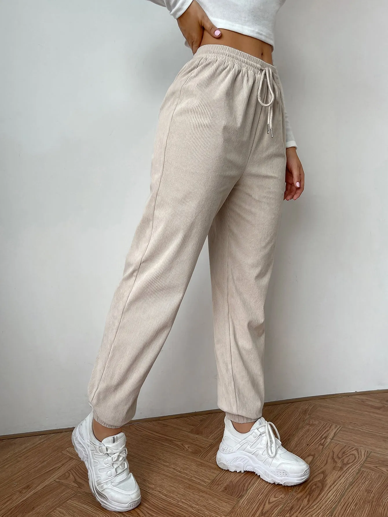 Casual Plain Drawstring High Waist Long Women Pants