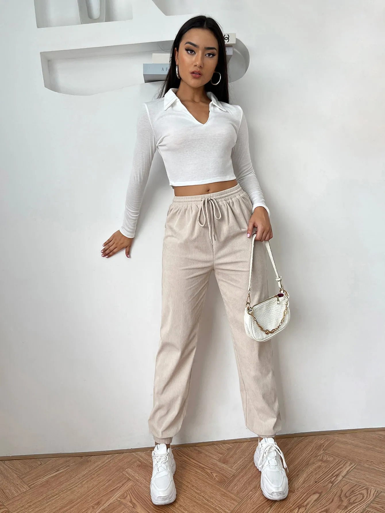 Casual Plain Drawstring High Waist Long Women Pants