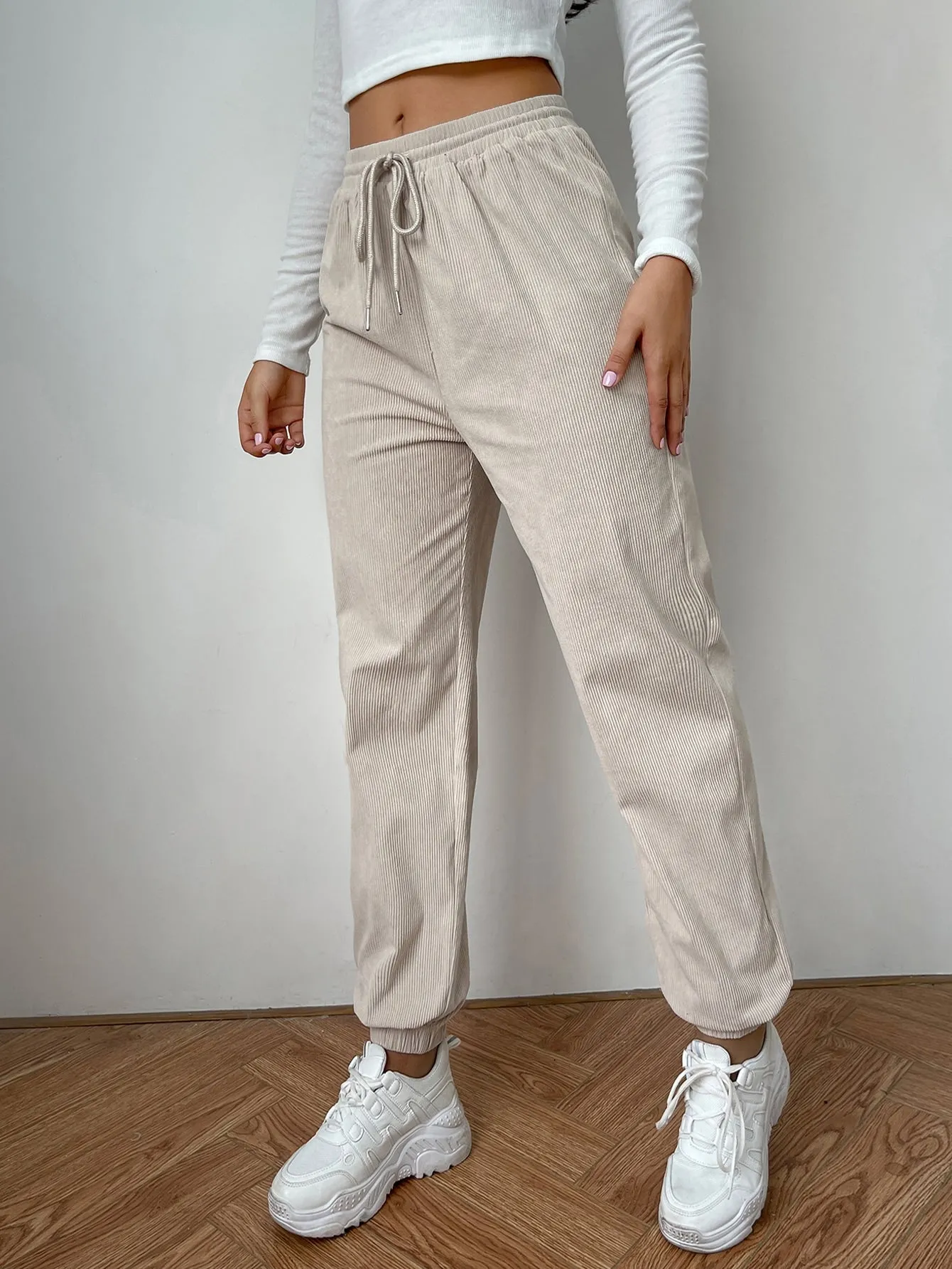 Casual Plain Drawstring High Waist Long Women Pants