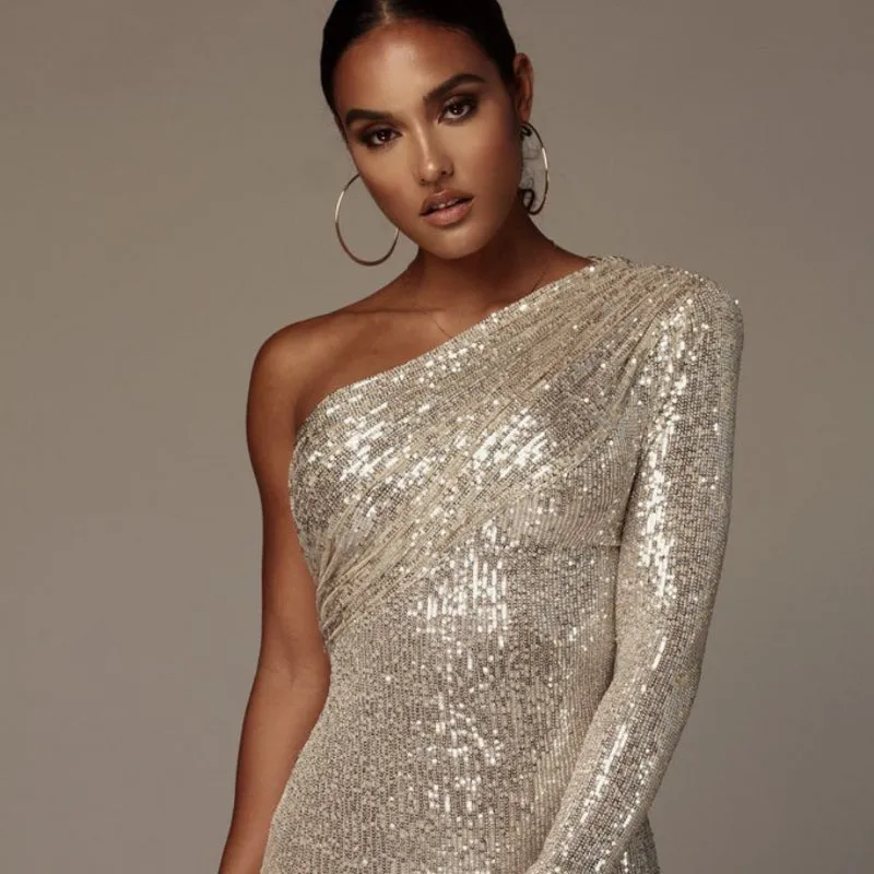 Chic Sparkly One-Shoulder Draped Bodycon Dress