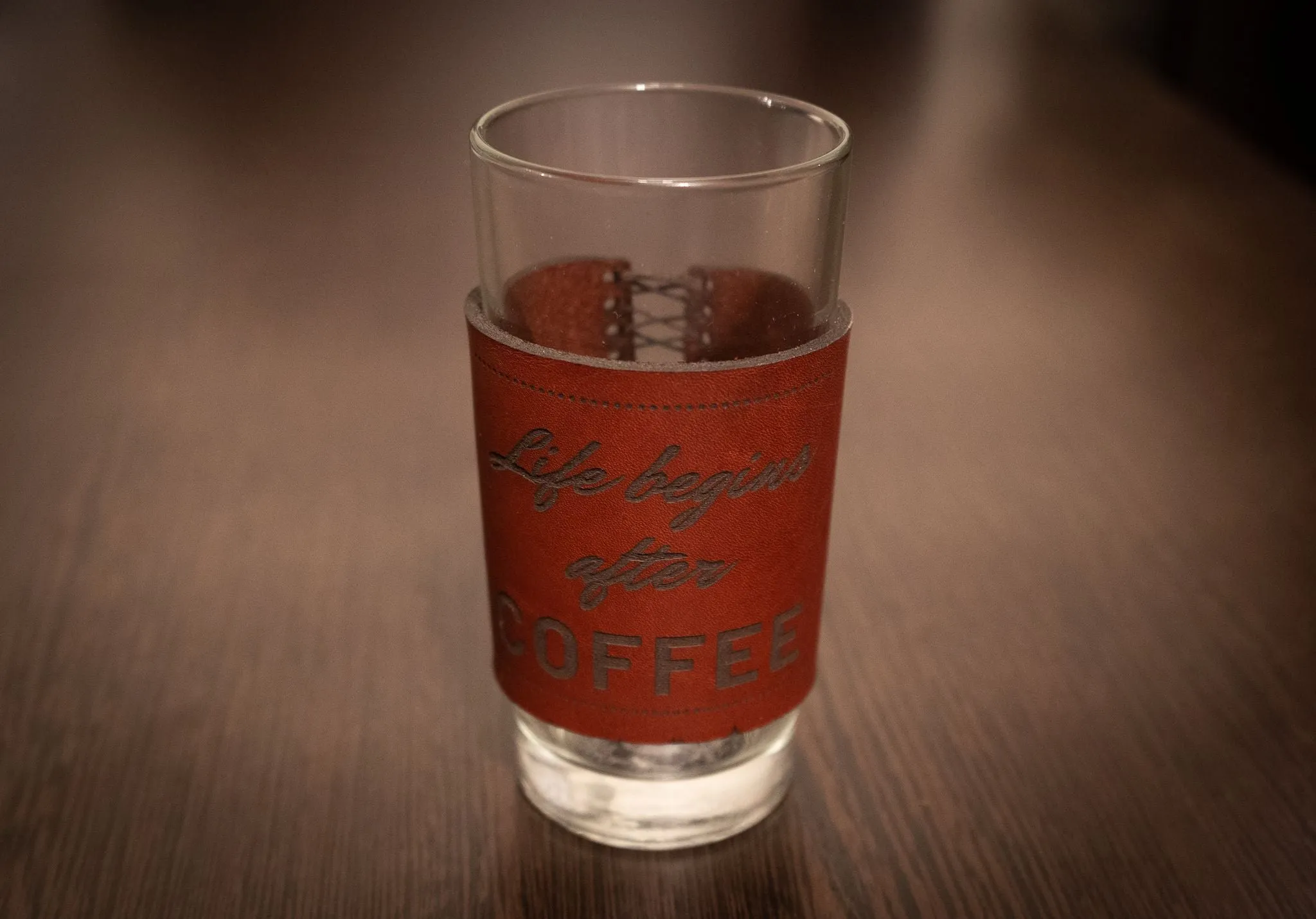 Coffee Glass with Leather Wrap and Engraving