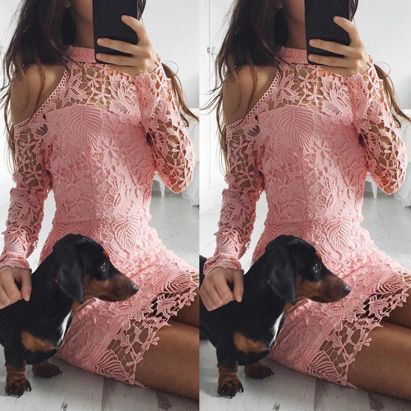 Cold Shoulder Lace Long Sleeve Pink Party Evening Short Mini Dress