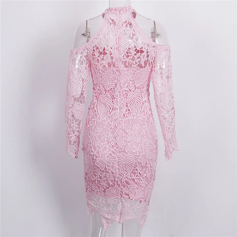 Cold Shoulder Lace Long Sleeve Pink Party Evening Short Mini Dress