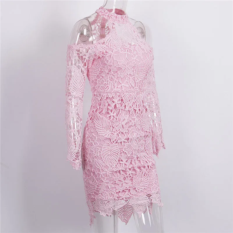 Cold Shoulder Lace Long Sleeve Pink Party Evening Short Mini Dress