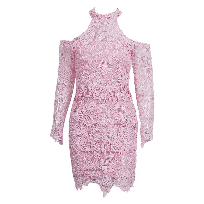 Cold Shoulder Lace Long Sleeve Pink Party Evening Short Mini Dress