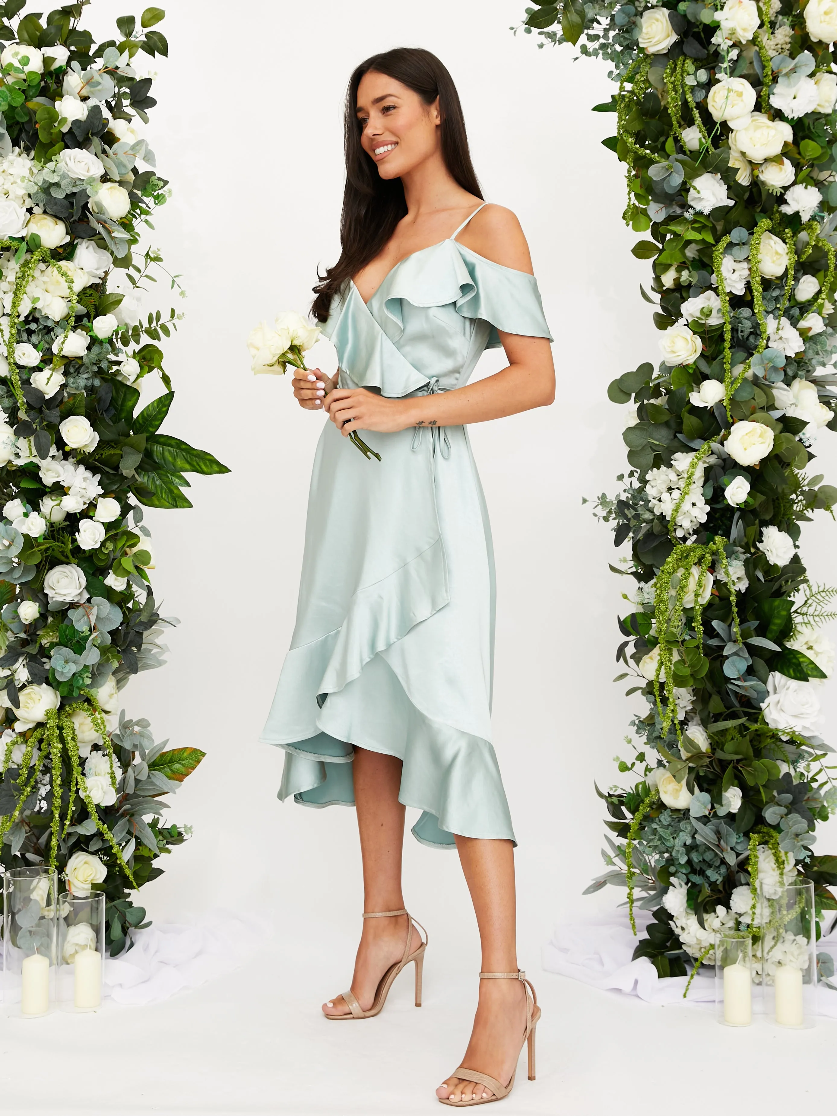 Cold Shoulder Midi Wrap Satin Dress / Sage