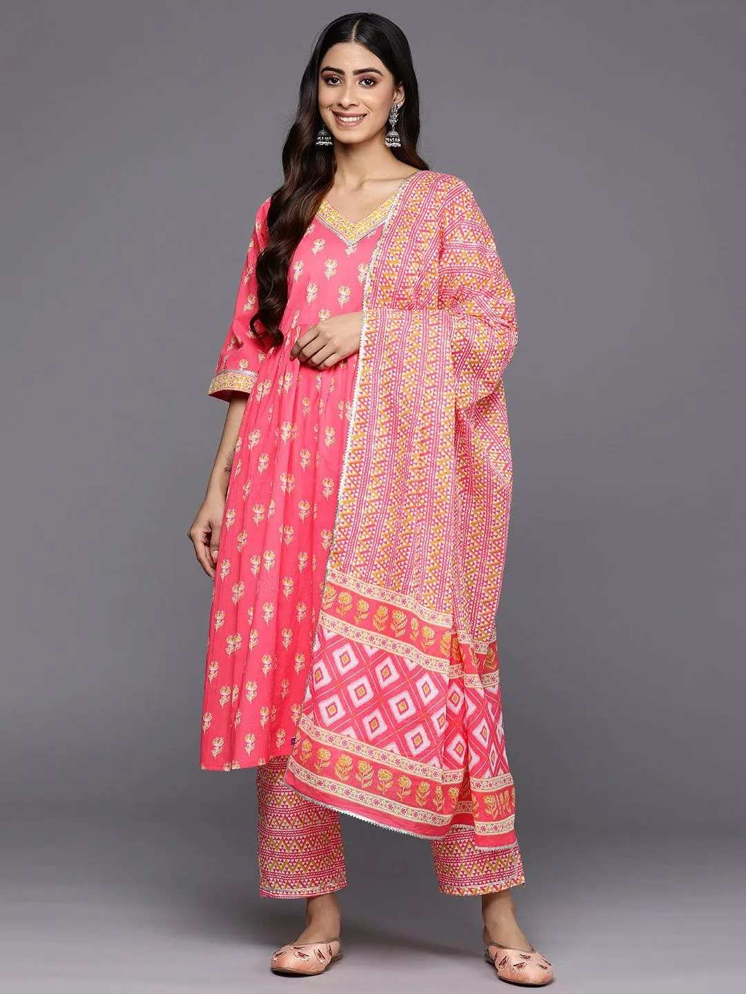 Coral Printed Cotton A-Line Kurta With Trousers & Dupatta