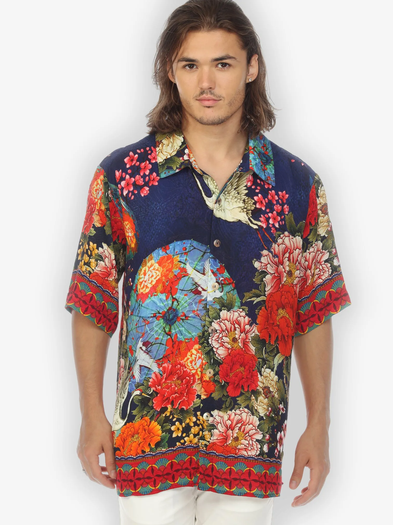 Crane Paradise Fan Blue Men’s Silk Blend Shirt