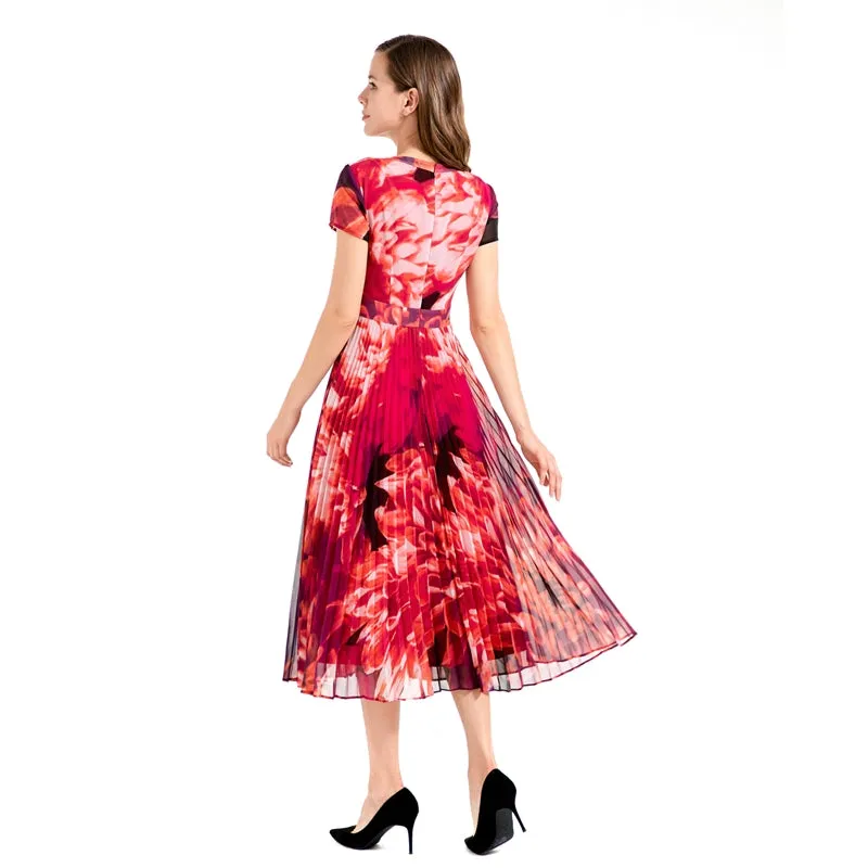 D114 Women flower print chiffon cap sleeves pleated midi day dress