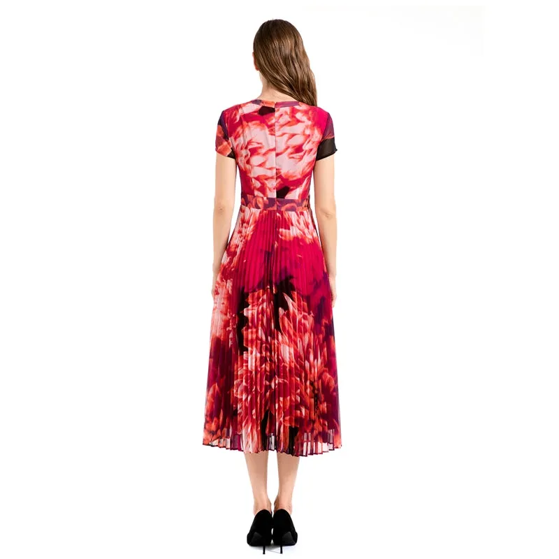 D114 Women flower print chiffon cap sleeves pleated midi day dress