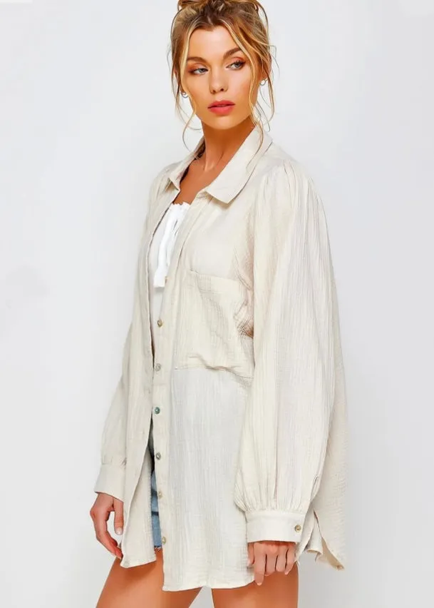 Dahlia, Women’s Plus Size, Oversized, Gauze Button Up Shirt, Cream