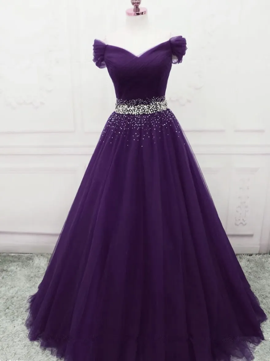 Dark Purple Tulle Long Prom Dresses, Junior Prom Dress