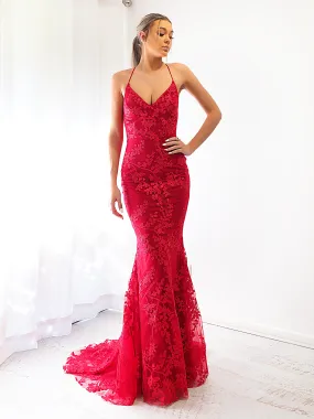 Deep red lace criss-cross back mermaid dress for hire