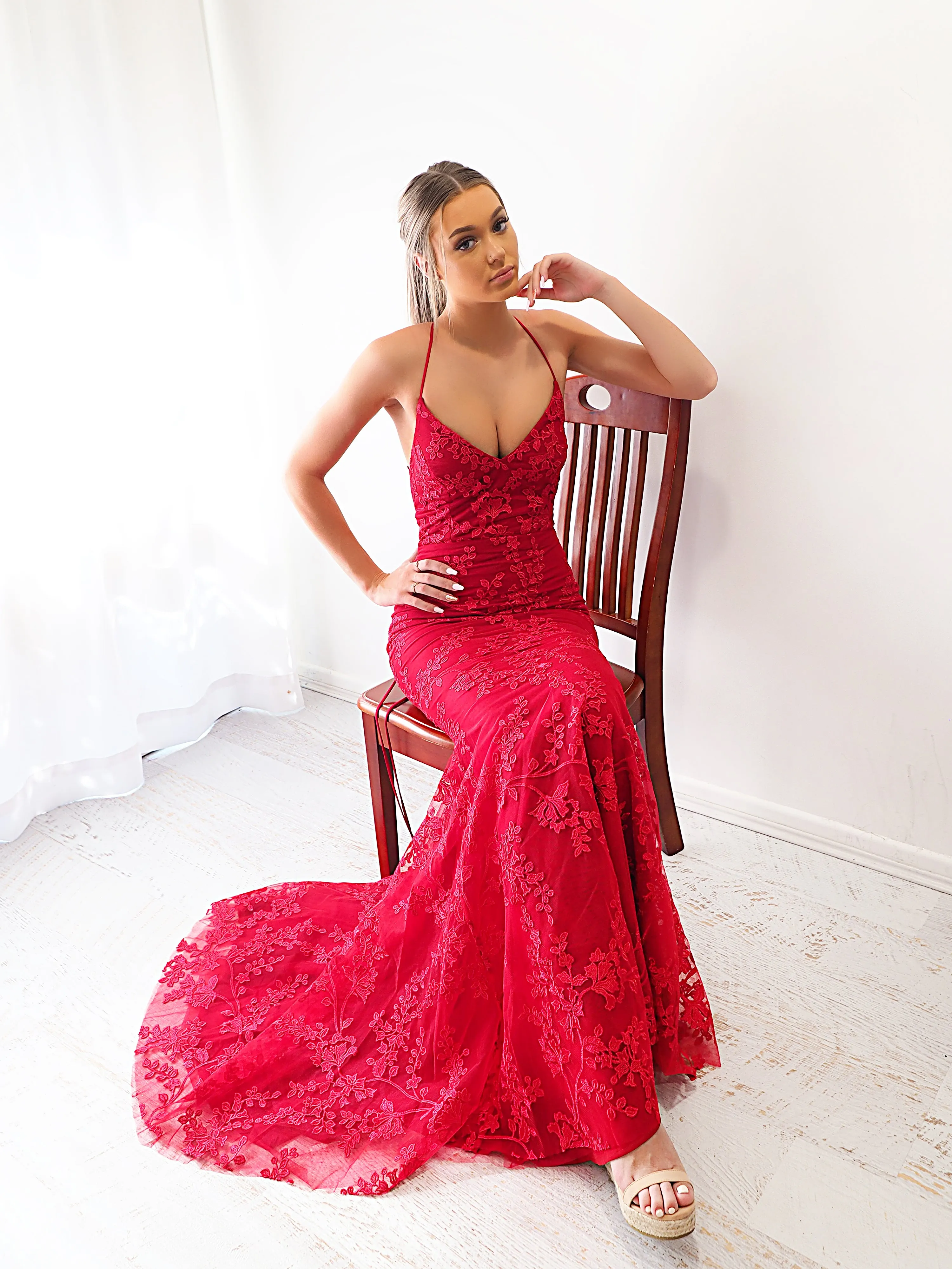 Deep red lace criss-cross back mermaid dress for hire