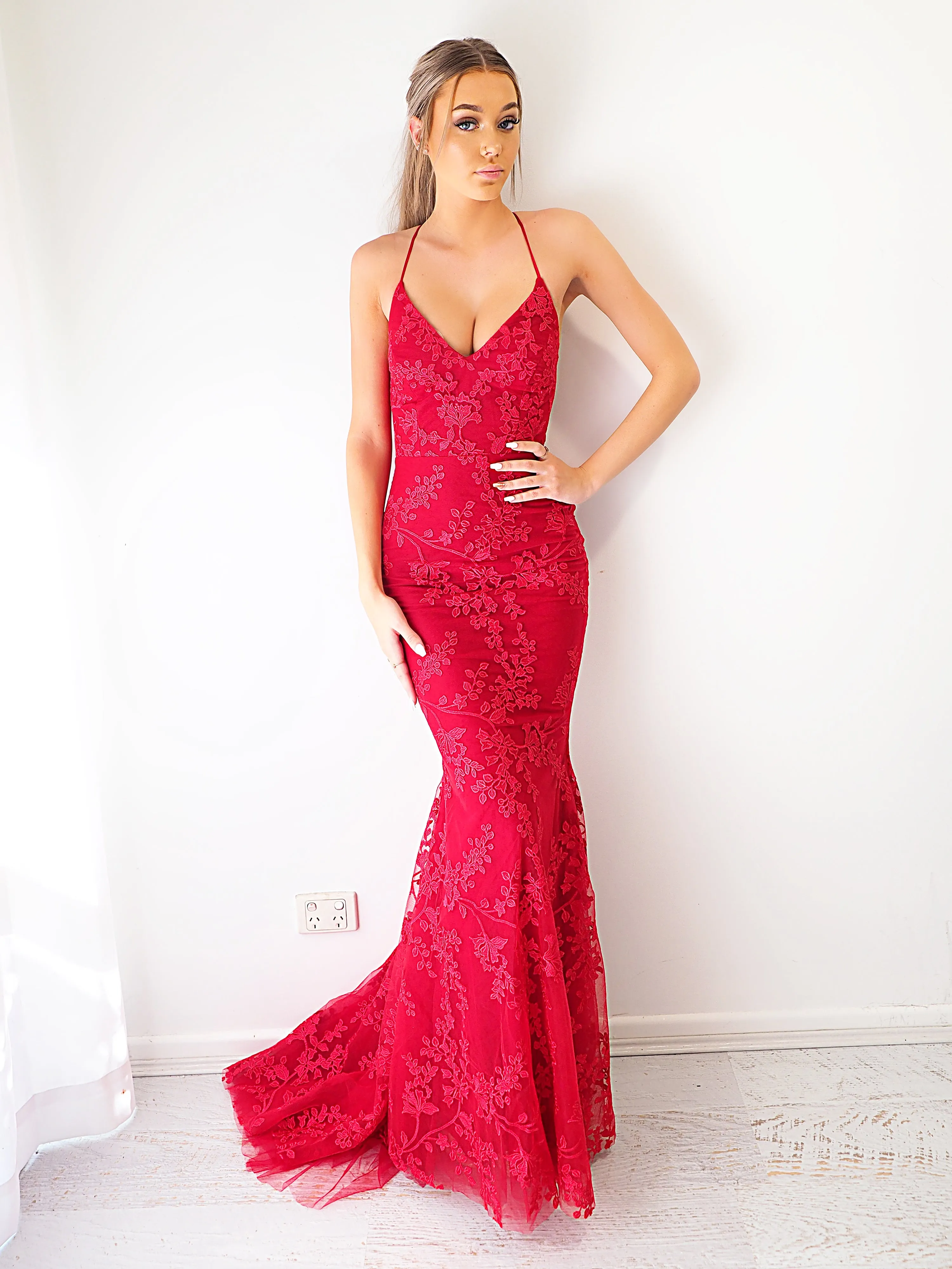 Deep red lace criss-cross back mermaid dress for hire