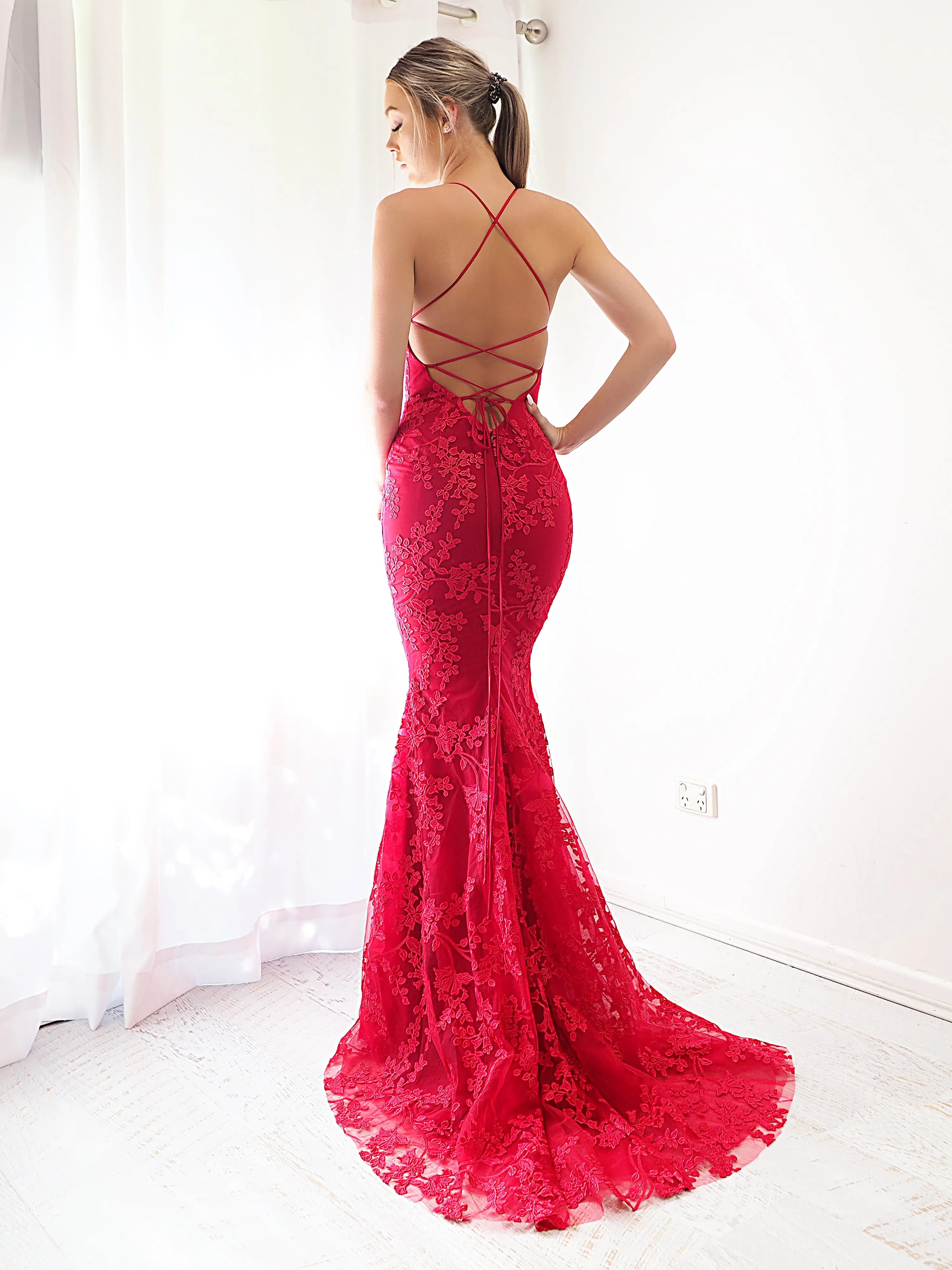 Deep red lace criss-cross back mermaid dress for hire