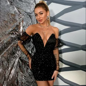 Deep V-Neck Wrap Chest Sequin Backless Spinning Dress