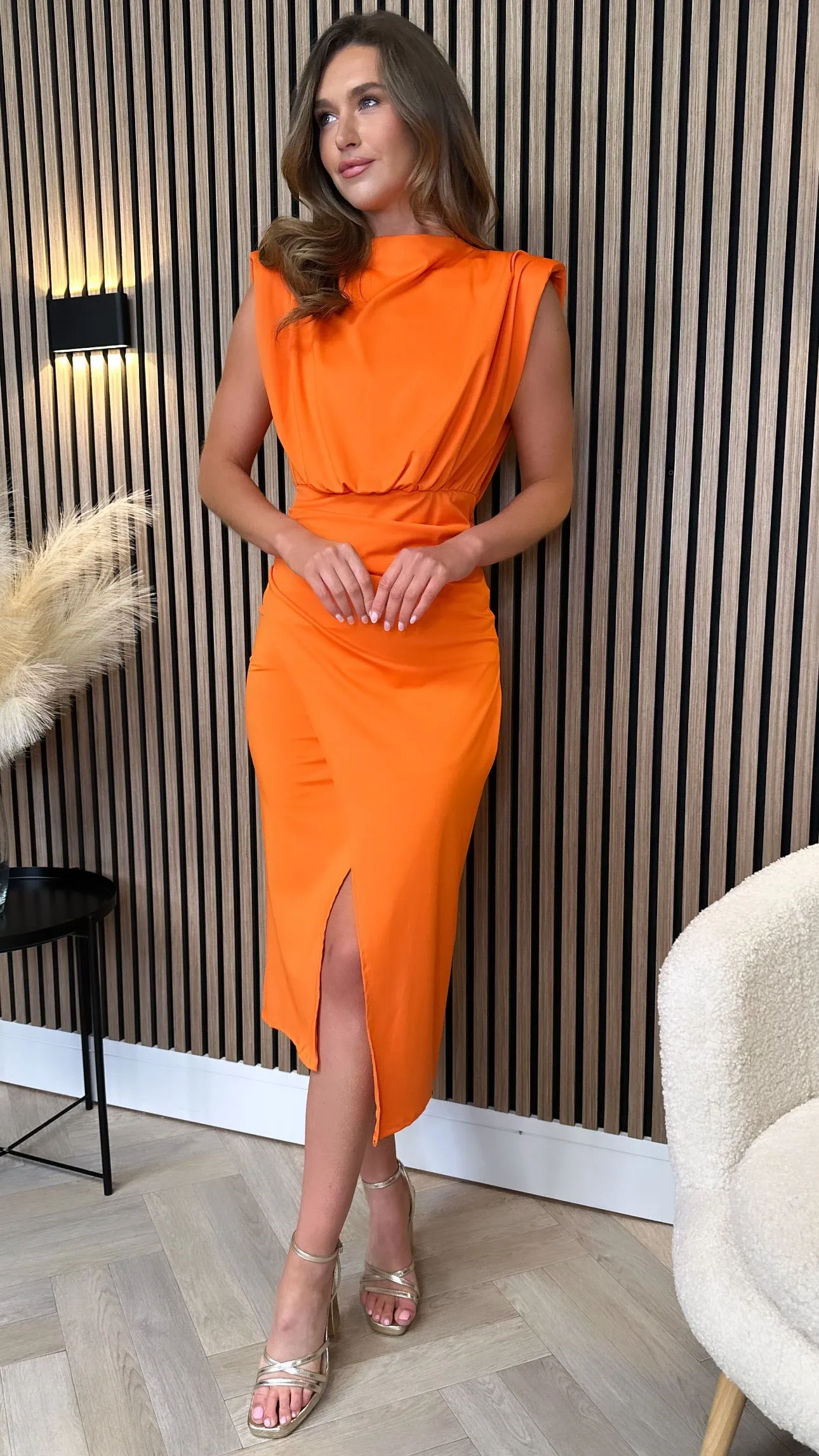 Doreen Orange High Neck Wrap Style Midi Dress