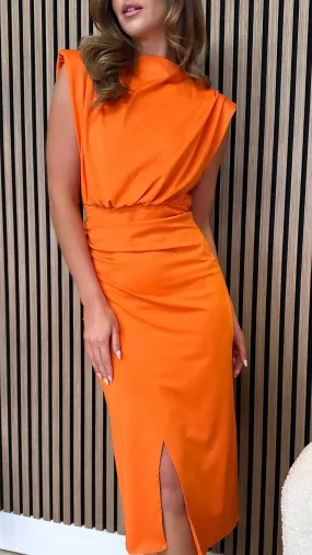 Doreen Orange High Neck Wrap Style Midi Dress