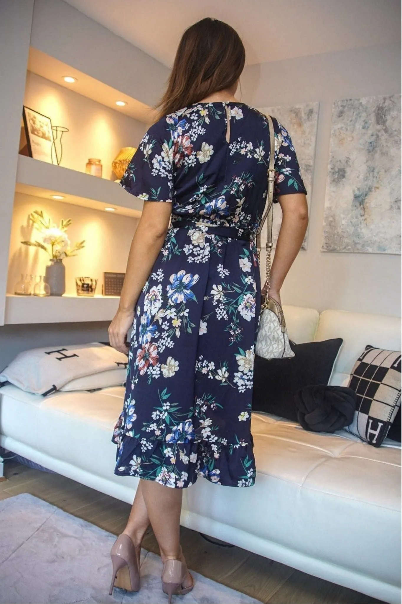 Double Second Navy Printed Satin Midi Wrap Dress