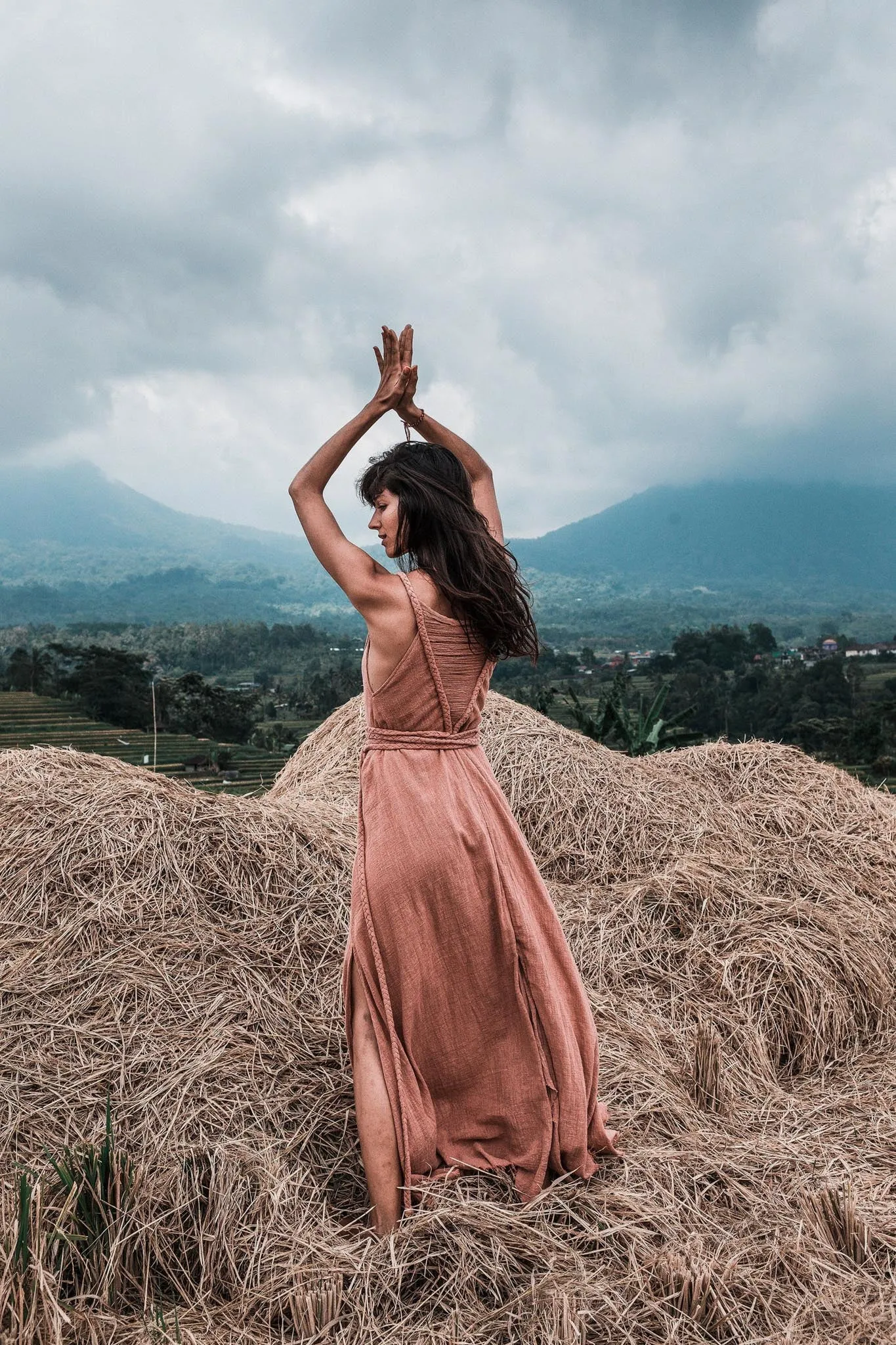 Dusty Pink Organic Bohemian Maxi Bridesmaid Dress with Hand Loomed Threaded Back