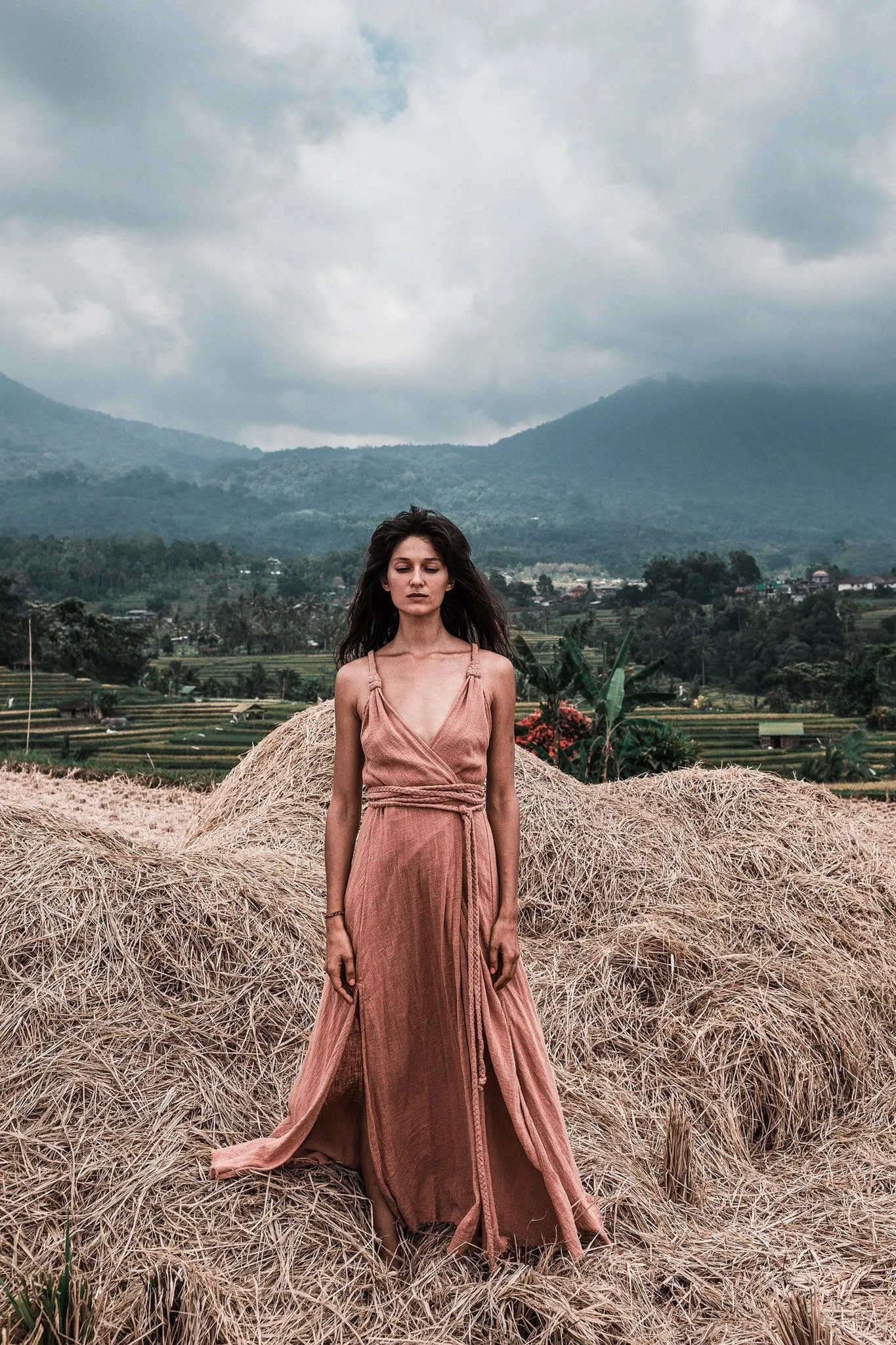 Dusty Pink Organic Bohemian Maxi Bridesmaid Dress with Hand Loomed Threaded Back