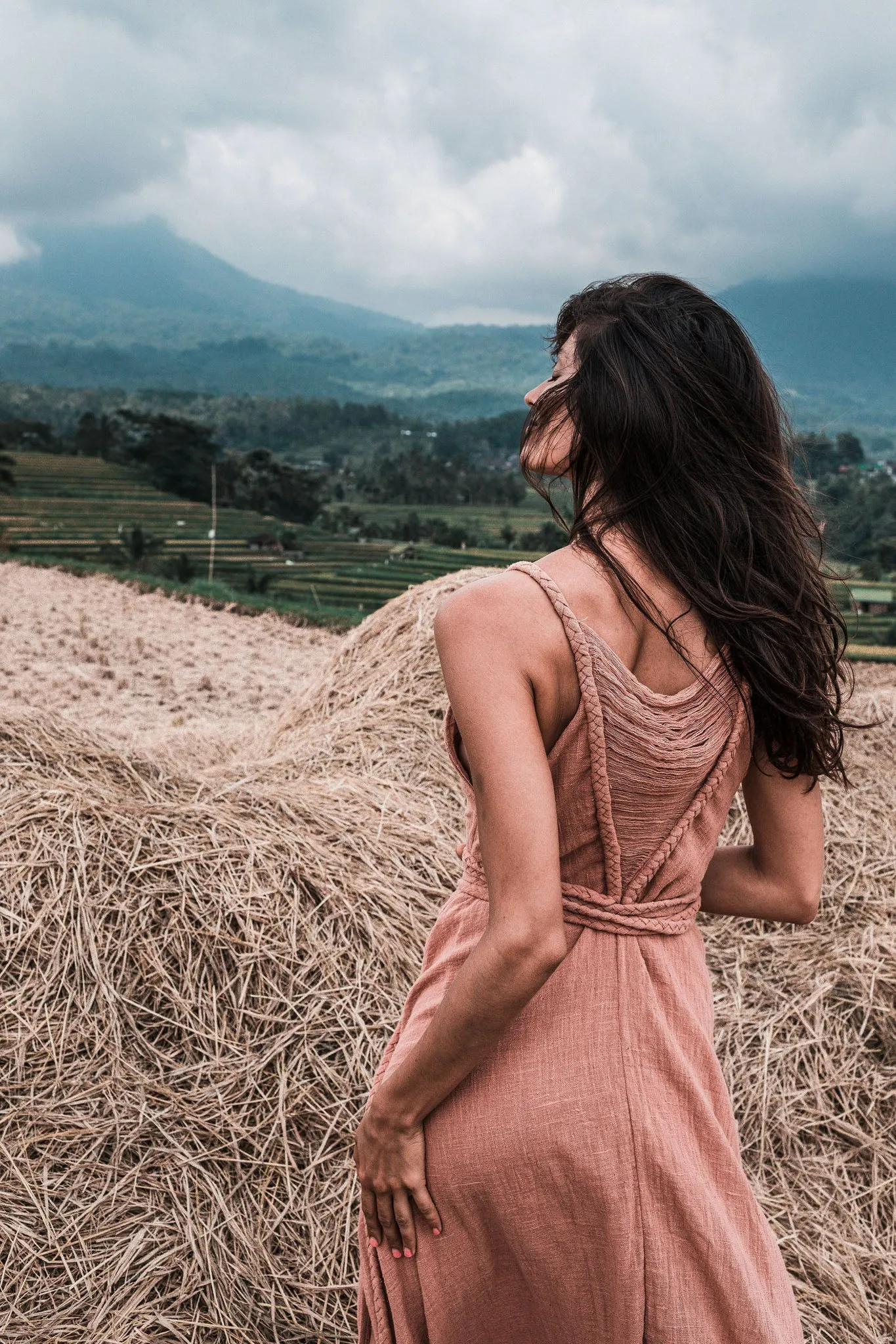 Dusty Pink Organic Bohemian Maxi Bridesmaid Dress with Hand Loomed Threaded Back