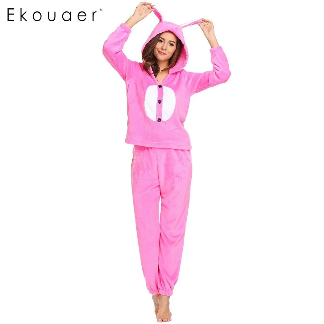 Ekouaer Women Cute Pajamas Set Sleepwear Hooded Nightwear Winter Warm Long Sleeve Soft Plush Fleece Pajama Sets Female Nighties