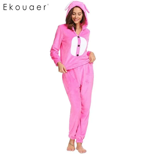 Ekouaer Women Cute Pajamas Set Sleepwear Hooded Nightwear Winter Warm Long Sleeve Soft Plush Fleece Pajama Sets Female Nighties