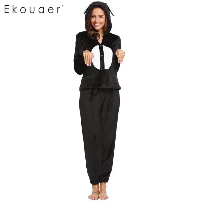 Ekouaer Women Cute Pajamas Set Sleepwear Hooded Nightwear Winter Warm Long Sleeve Soft Plush Fleece Pajama Sets Female Nighties