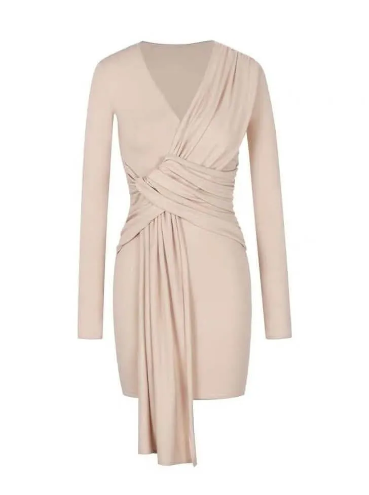 Elyse Chic Plunge Neck Long Sleeve Asymmetrical Wrap Dress