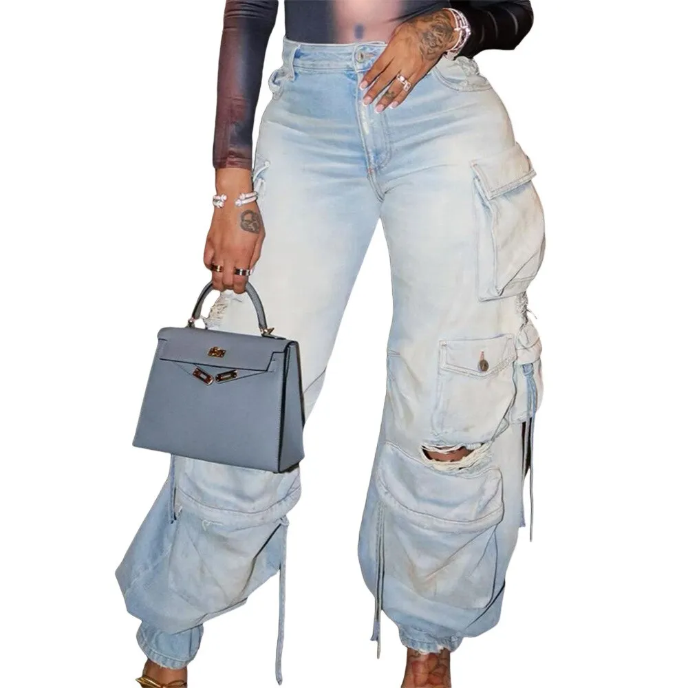 Fashion Washed Process Worn Out Cargo Jeans Women with Pockets Cotton Vintage Casual Denim Pants Women High Street Y2k Trousers