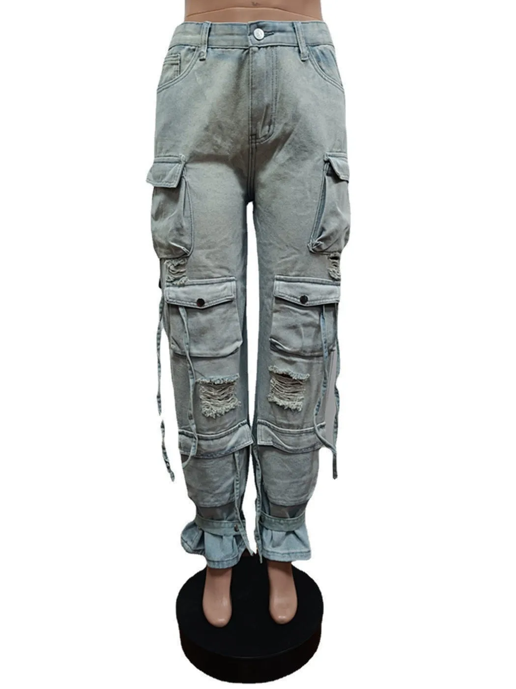 Fashion Washed Process Worn Out Cargo Jeans Women with Pockets Cotton Vintage Casual Denim Pants Women High Street Y2k Trousers