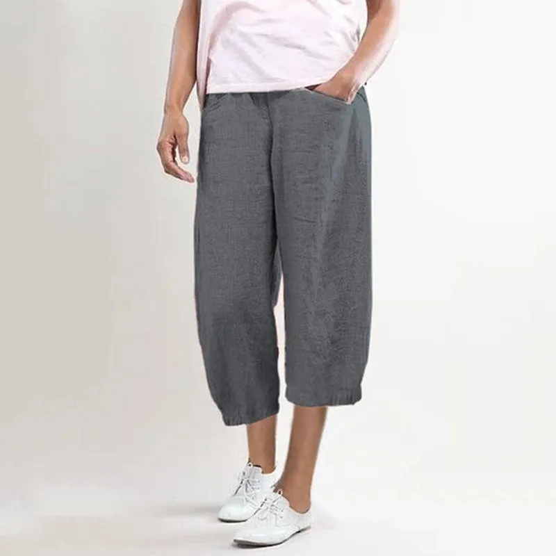 FashionSierra - Women's linen elastic mid rise cropped pants with pockets