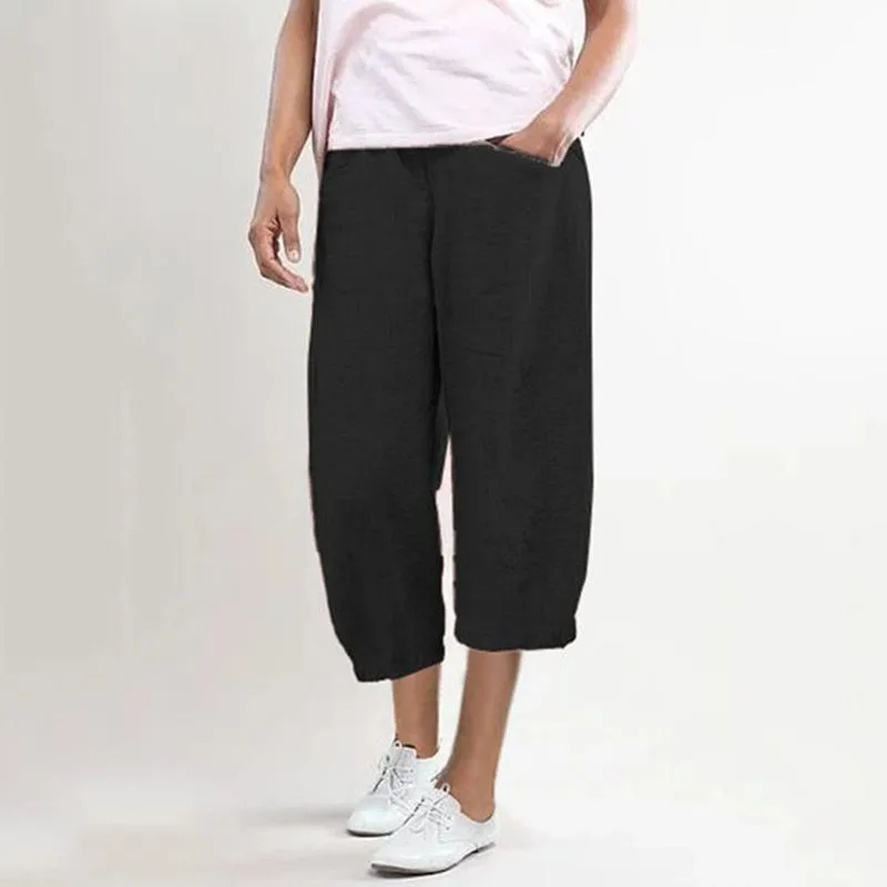 FashionSierra - Women's linen elastic mid rise cropped pants with pockets